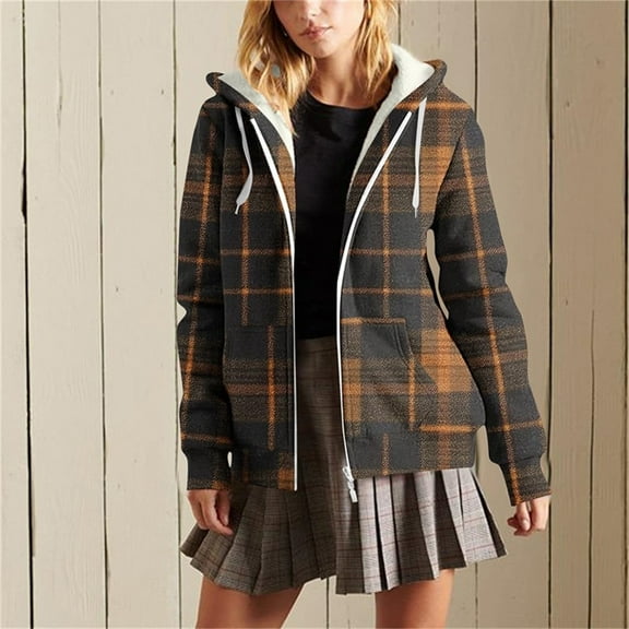 Winter Hooded Jackets for Women Trendy Plaid Long Sleeve Coats Warm Flannel Shacket Casual Zip up Outerwear New Women Plus Size Light Raincoat Style B-2 Brown L