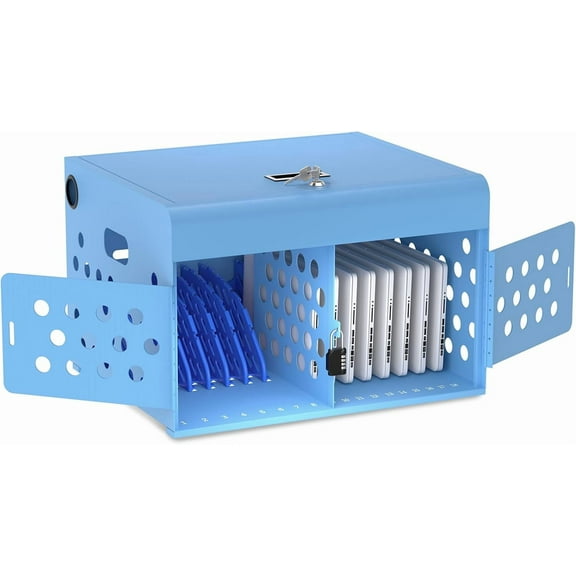 POCHAR 16-Device Charging Station for Chromebook, Tablet, Laptop - Wall-Mount Lock Box Charging Cabinet for Classroom, K-12 School, Offices (Blue)
