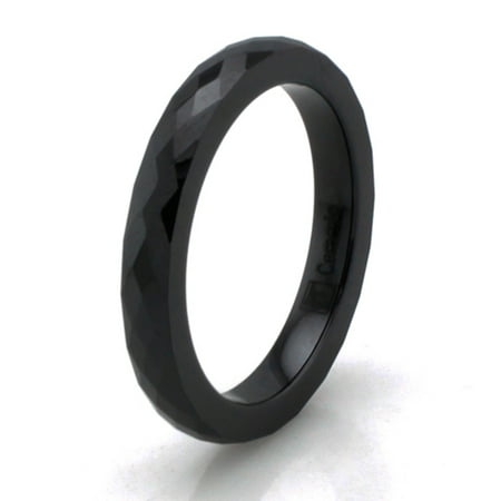 Faceted Black Ceramic Ring - 3 MM Black Ceramic Multi Faceted Stackable Wedding Band Ring