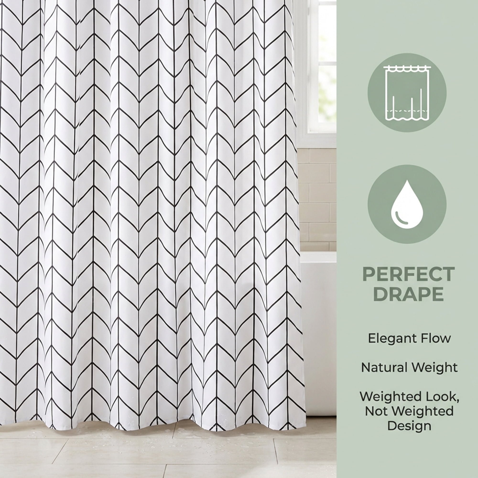 Unique Bargains Waterproof V-Stripe Shower Curtain Sets with 12 Hooks White 71"W x 71"L