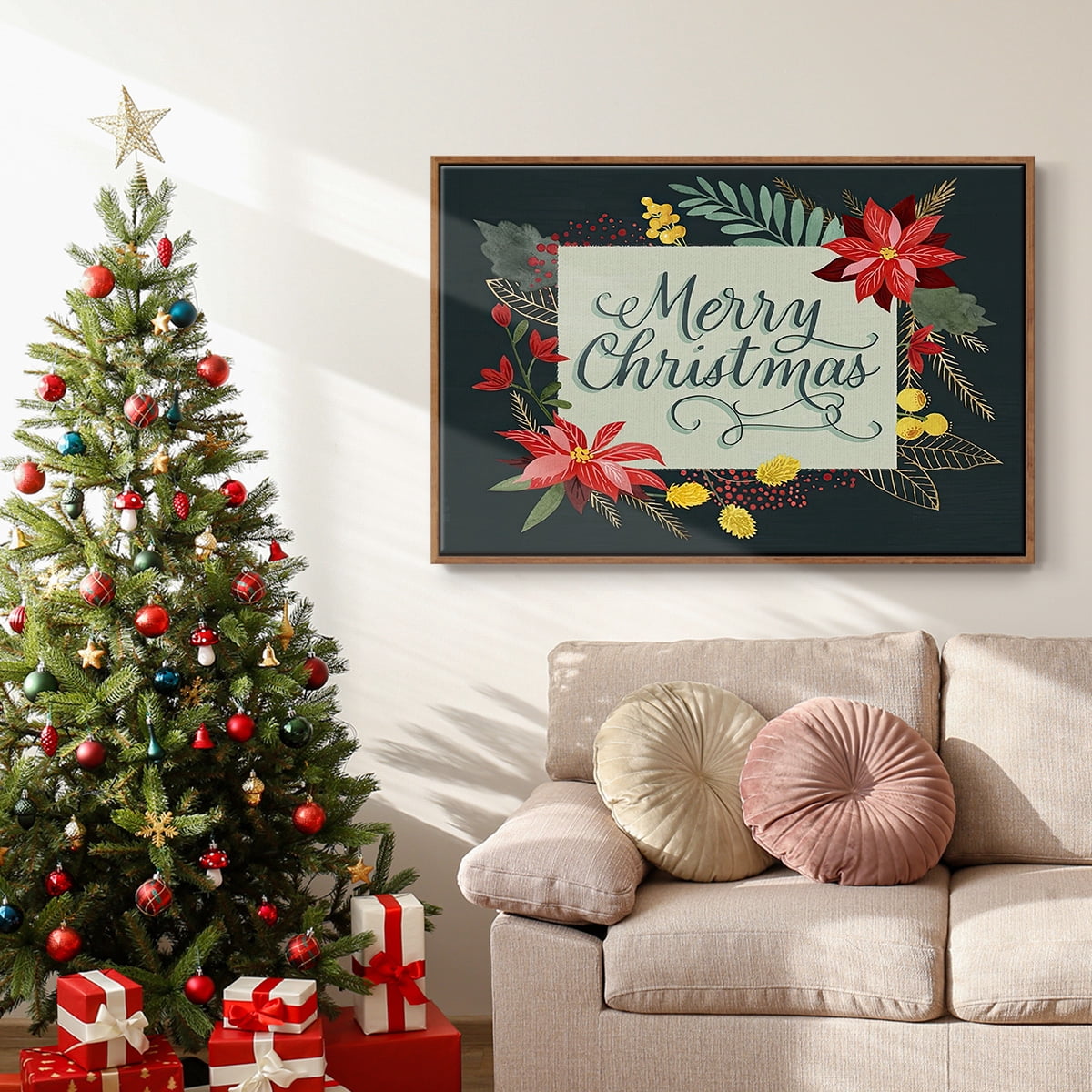 Bright Christmas Night Collection A - Framed Gallery Wrapped Holiday Canvas - 17 x 25 - Rosewood Frame
