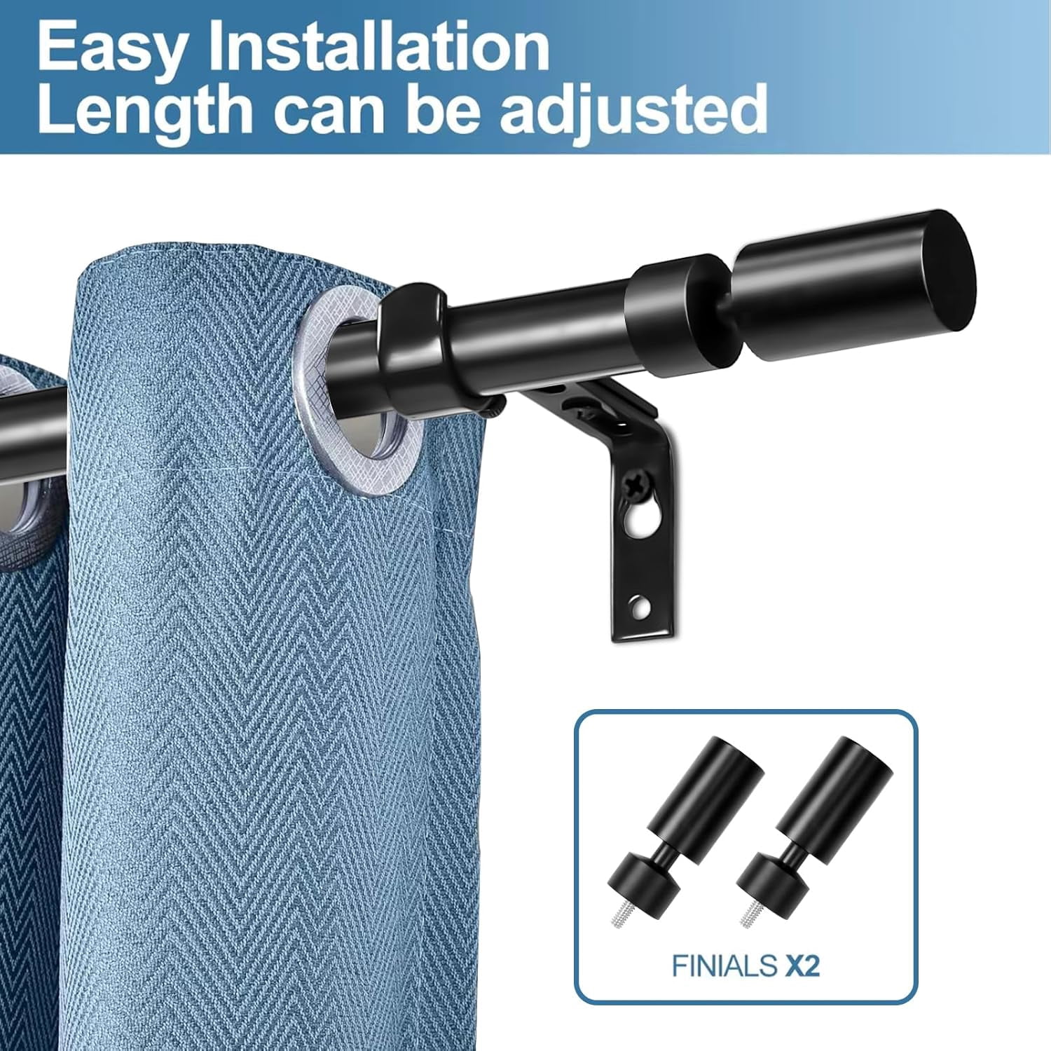 Urbanest Adjustable Single Curtain Rod Set Sullivan Finials – 1 - Inch Diameter, With Black Rod, 48–84 Inches