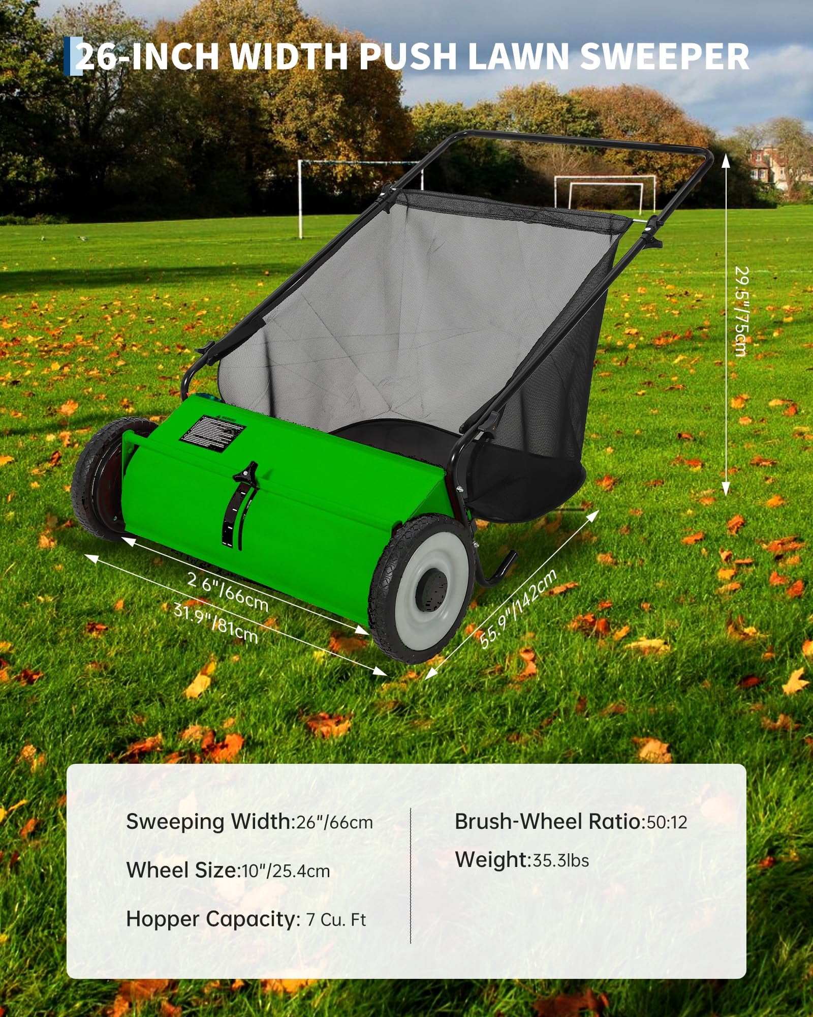 TEQIN 26 Inch Hand Push Lawn Sweeper, Leaf Collector Lawn Sweeper With Adjustable Brush Height, Pickup Sweeper For Yard Leaf Picker Upper, Large 7 Cu. Ft Hopper Capacity Push Lawn Sweeper For Leaves
