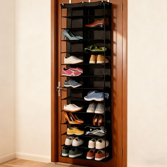 Hoodie Sweatshirt Storage Hack Door Hanging Shoe Rack Organizer 26 Pocket Clear Holder Pockets Wall Shoes Portable Closet Wardrobe Rack Black