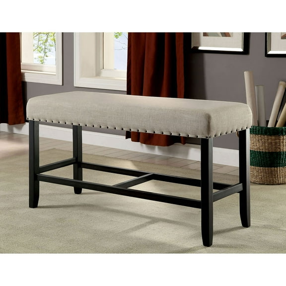 CoSoTower Rustic Charm Beige Linen Like Fabric 1pc Counter Height Bench Dining Room Furniture Nailhead Trim Antique Black Bold Distressed Details Wood