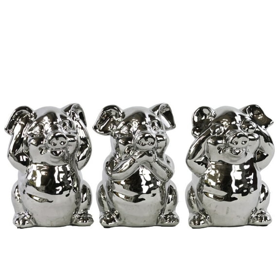 Benzara Shiny Standing Pig No Evil Figurines - Assortment Of 3 - Silver