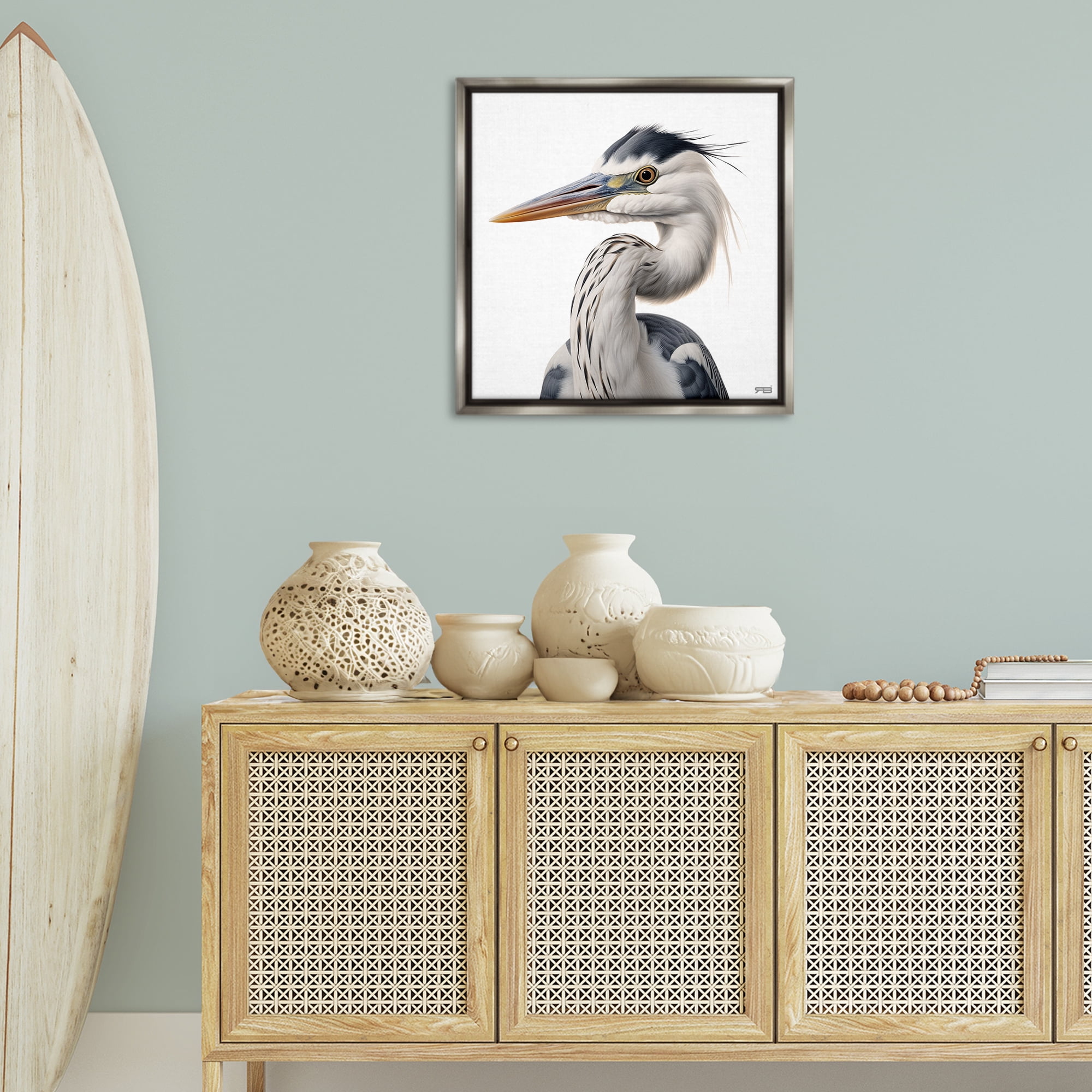 Stupell Industries Stoic Heron Looking Left Animals & Insects Painting Gray Floater Framed Canvas Art Print Wall Art, 25 x 25