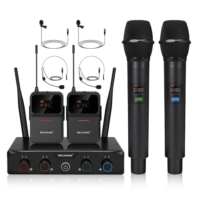 Sistema de micrófono inalámbrico MELONARE MWM-41-2H2B de 4 canales UHF