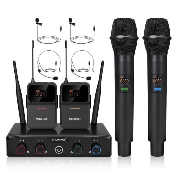 Sistema de micrófono inalámbrico MELONARE MWM-41-2H2B de 4 canales UHF