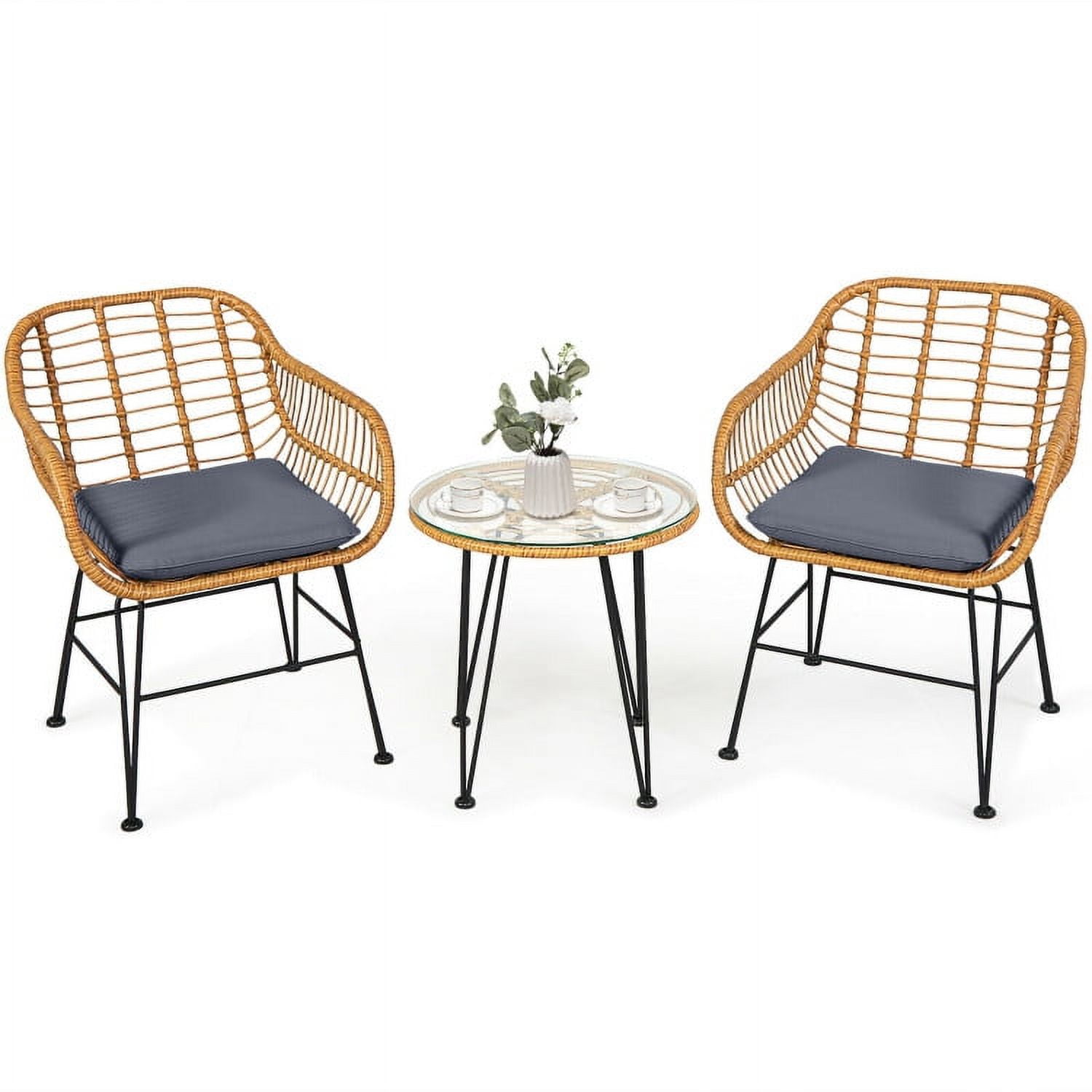 Aimee Lii 3 Pieces Rattan Furniture Set with Cushioned Chair Table, Outdoor Patio Furniture, Gray Aimee Lii 3 Pieces Rattan Furniture Set with Cushioned Chair Table, Outdoor Patio Furniture, Gray