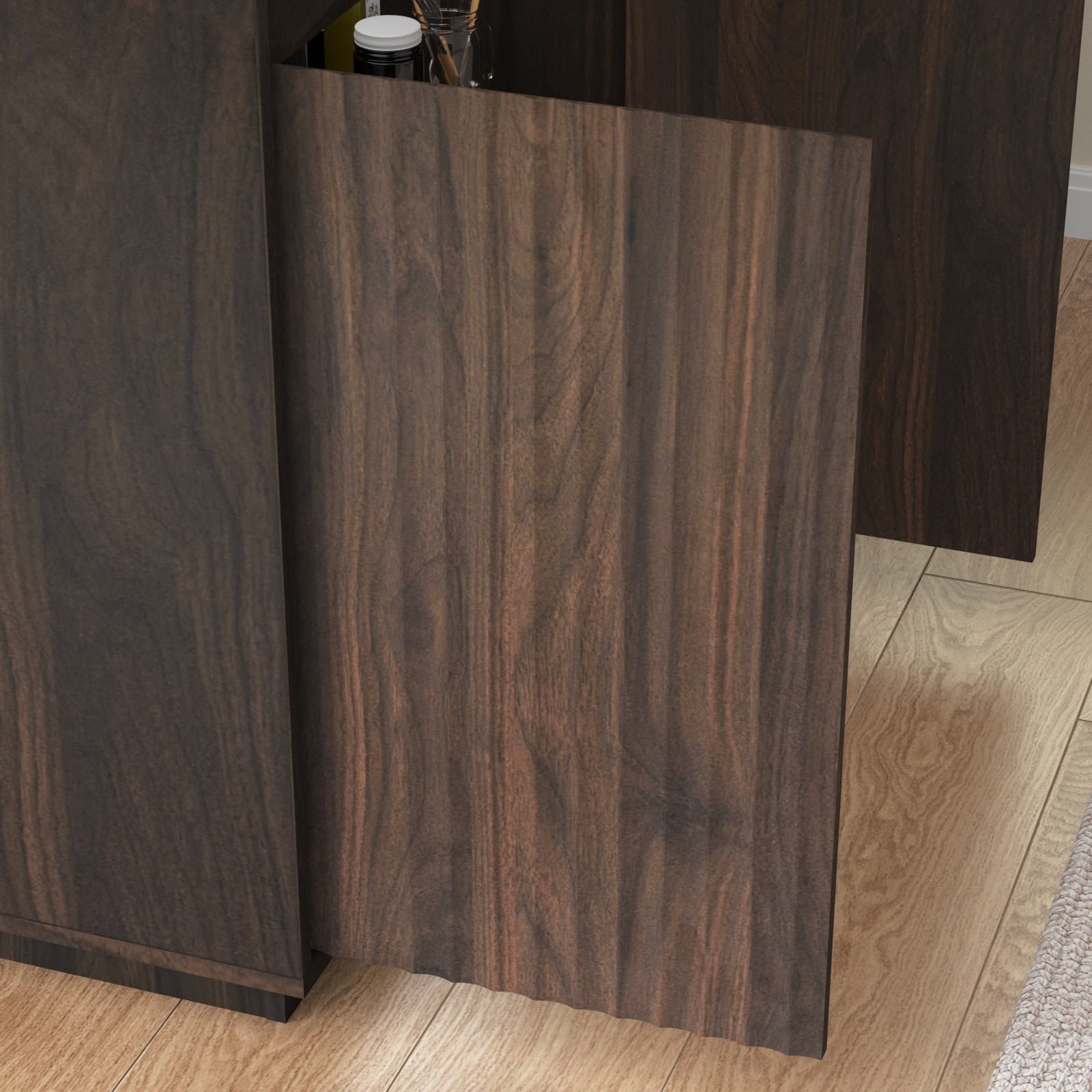 Hommoo Wood Sideboard Buffet Cabinet with Power Outlet, Wavy Vertical Texture Accent Cabinet, Multifunctional 2-Tier Storage Cabinet Credenza for Home, Office, Walnut