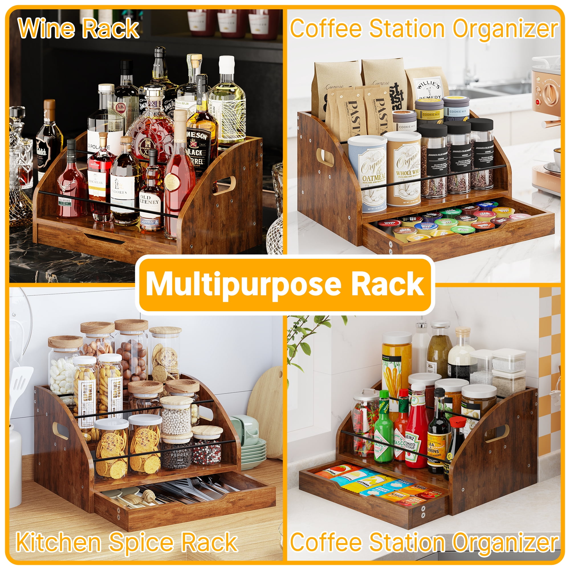 Yoneston 3-Tier Retro Bar Liquor and Wine Rack with Drawer, Wood 3-Step Countertop Coffee Syrup Rack Organizer Bottle Holder for for Liquor Whiskey