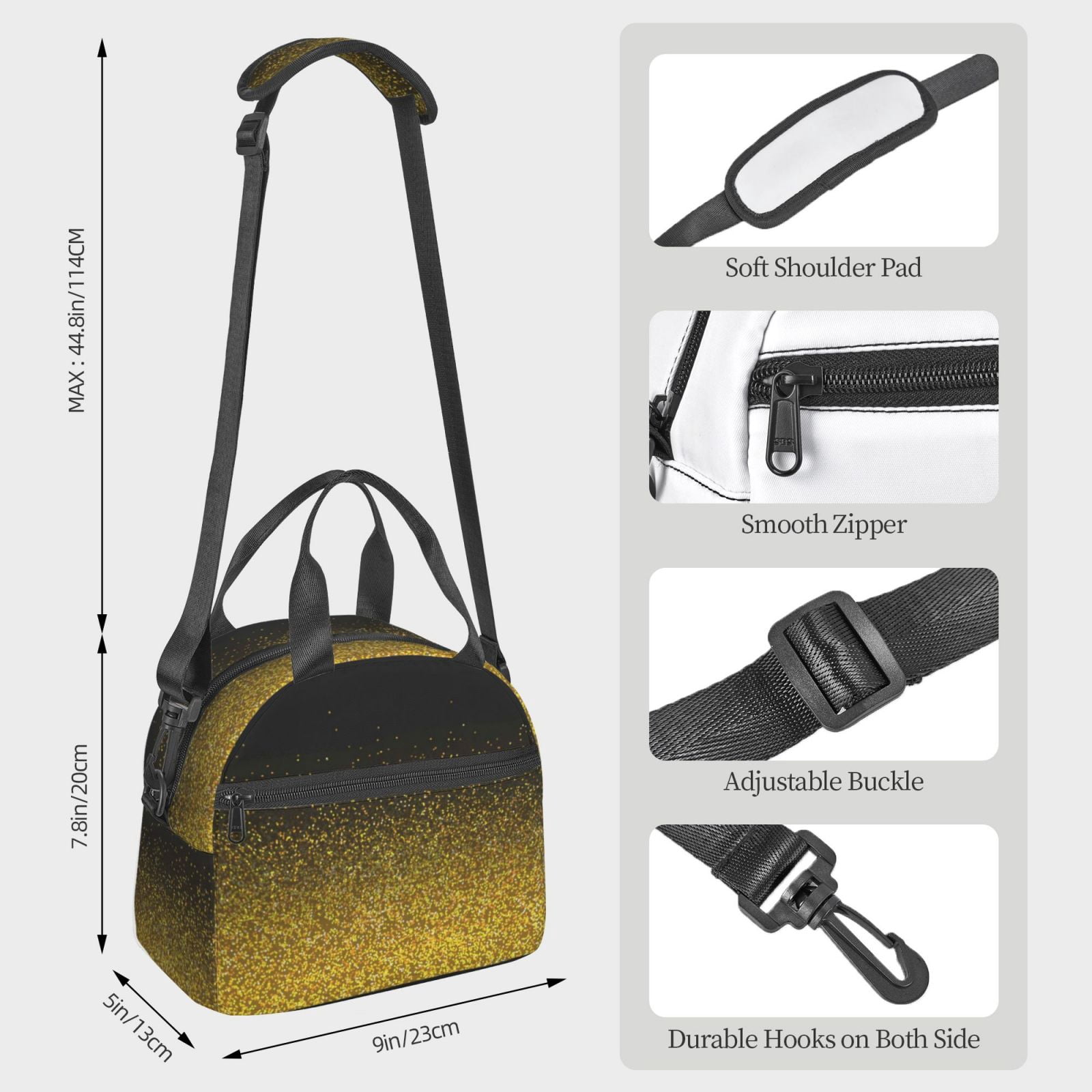Naloa Gold Glitter Gradient Print Lunch Bag for Women & Men Insulated Lunch Box or Cooler Lunch Tote Bags for Work, Travel, Outdoor