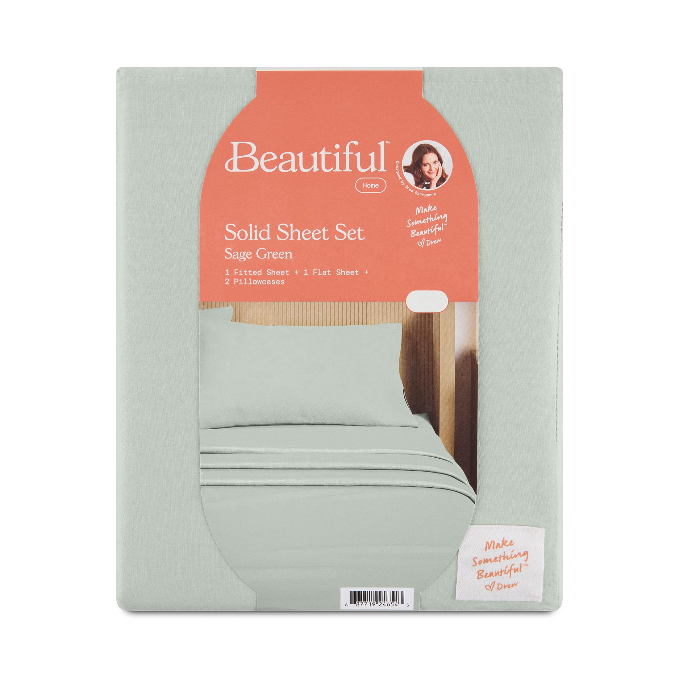 Beautiful Solid 4-Piece 100% Cotton Washed Percale Sage Green Sheet Set, Full by Drew Barrymore