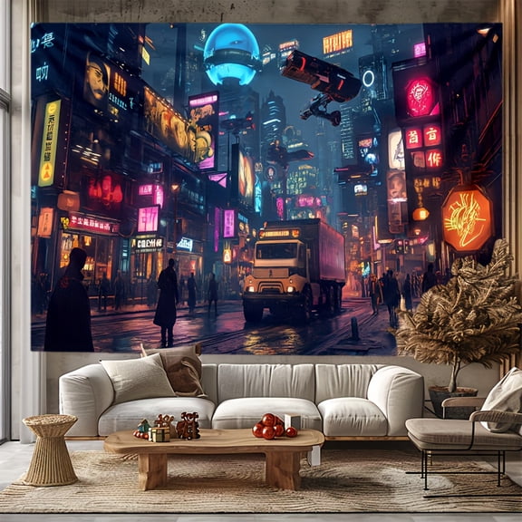 Cyberpunk Cityscape Tapestry - Night View Wall Hanging, Brushed Polyester, Perfect for Bedroom, Dorm, or Home Office Decor