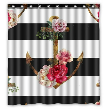 Shop Shower Curtain YKCG Nautical Navy Ocean Ship Stripes Anchor Flower Waterproof Fabric Bathroom Shower Curtain 66x72 inches ()