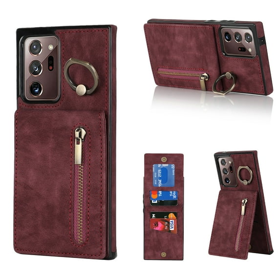 Mantto Wallet Case for Samsung Note 20 Ultra, Slim Premium Credit Card Slot, Zipper Wallet Case with Ring Holder Kickstand Leather Magnetic Flip Back Cover for Samsung Galaxy Note 20 Ultra, Winered