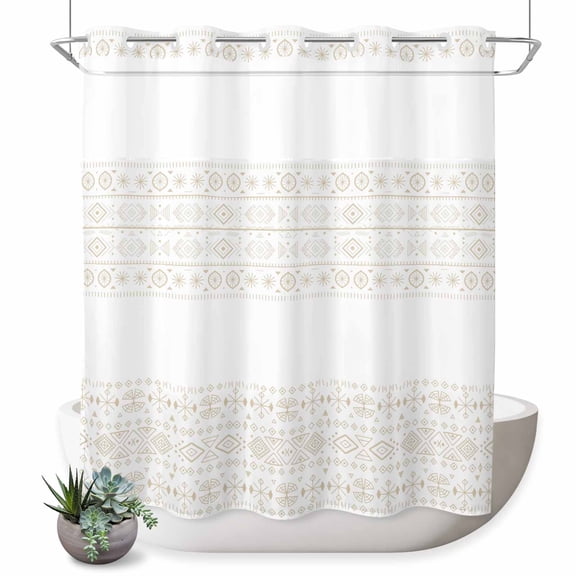 No Hook Shower Curtain, Beige White Boho Shower Curtains for Bathroom with See Through Top Window, Vintage Ethnic Tribe Abstract Art Waterproof & Washable Bath Curtain Long 72"x78"