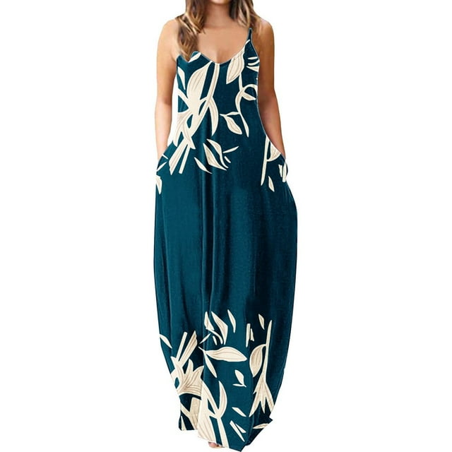 Robes Maxi pour Femmes Été Robe à Bretelles Spaghetti Grande Taille Décontractée Ample Plage Boho Robe d'Été avec Poches