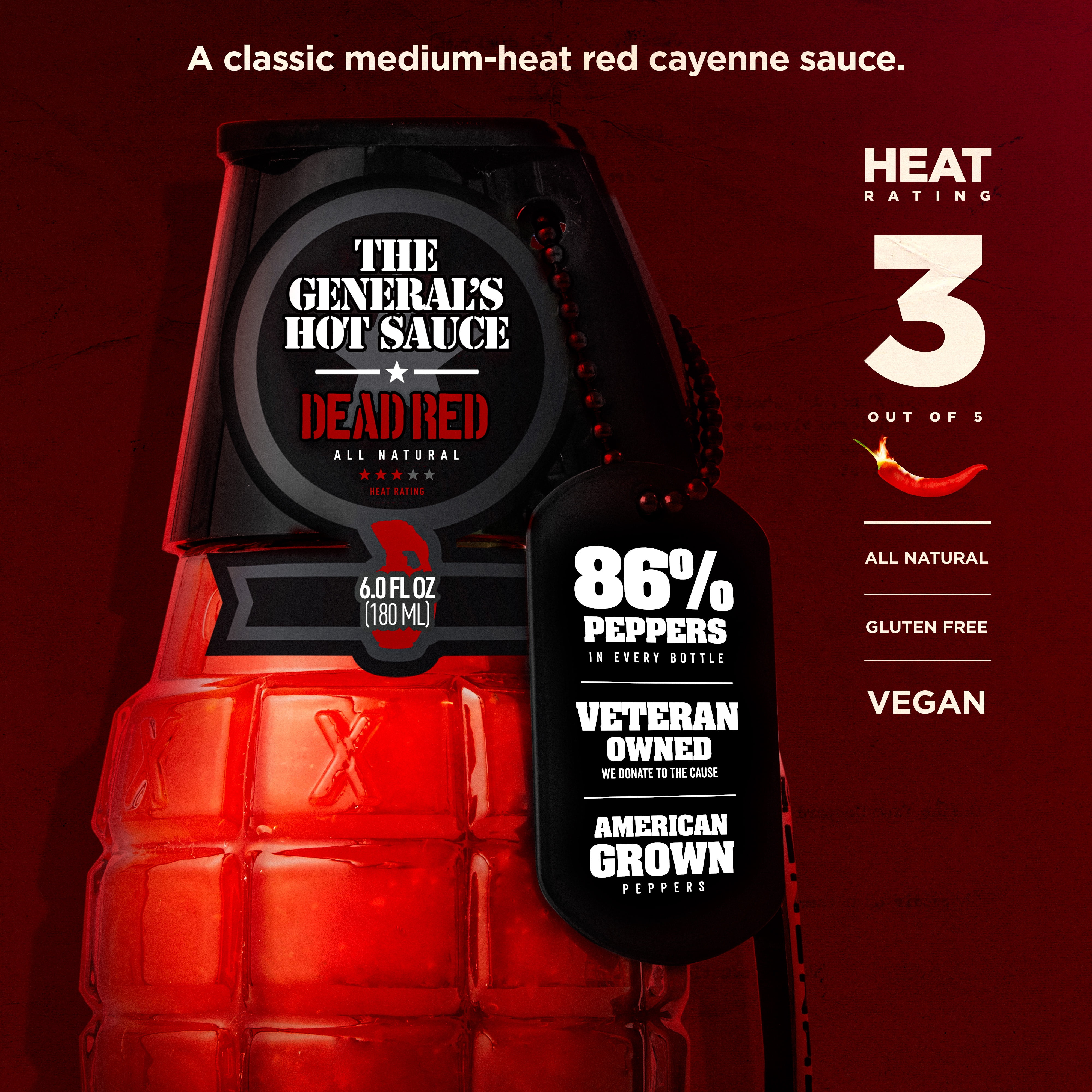 The General's Hot Sauce Military-Inspired Ammo Crate Gift Set with Cayenne and Habanero Peppers,  3-Pack (6oz Bottles)