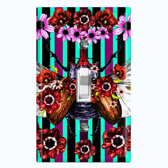 Metal Light Switch Plate Cover Unique Floral Beetle Teal Burgundy Stripes BUT010