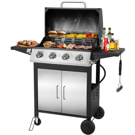 SEGMART 4 Burner BBQ Propane Gas Grill Stainless Steel 40 000 BTU Patio Garden Barbecue Grill with Cleaning Brush Two Side Shelves & Thermometer Perfect for Camping Outdoor Cooking