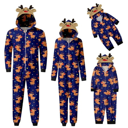 

Matching Christmas Pajamas for Family Long Sleeve Elk Antler Hooded Romper Zip Up Jumpsuits