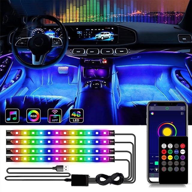 Yrmaups 1Pcs Car Interior LED Lights, 4Pcs Strip Lights with Remote, Music Sync Under Dash Lights, USB Multicolor Ambient Car Lighting, Car Atmosphere Light