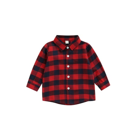

Bebiullo Toddler Baby Boy Girls Outfits Plaid Shirt Jacket Flannel Long Sleeve T-Shirt Tops Kid Clothes Red 1-2 Years