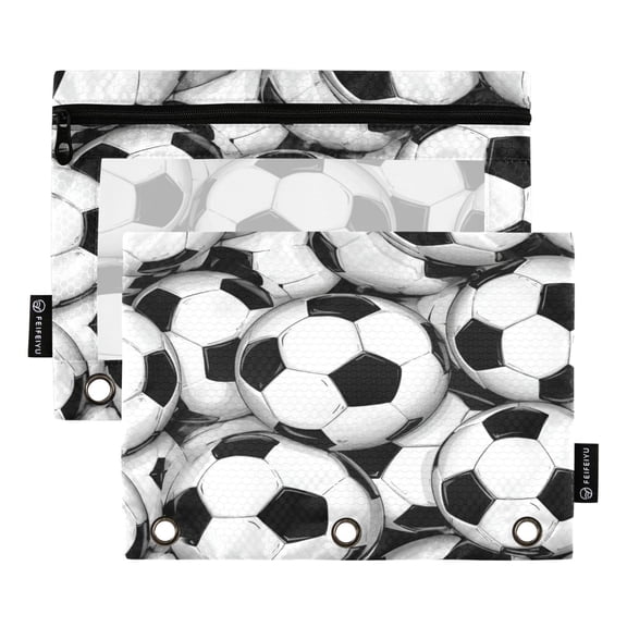 2 Pack 3 Ring Binder Pouch with Clear PVC Window Water Resistant Zipper Pencil Pouch Classic Soccer Tile Pattern Binder Pocket for Classroom Office Home Stationery Organization