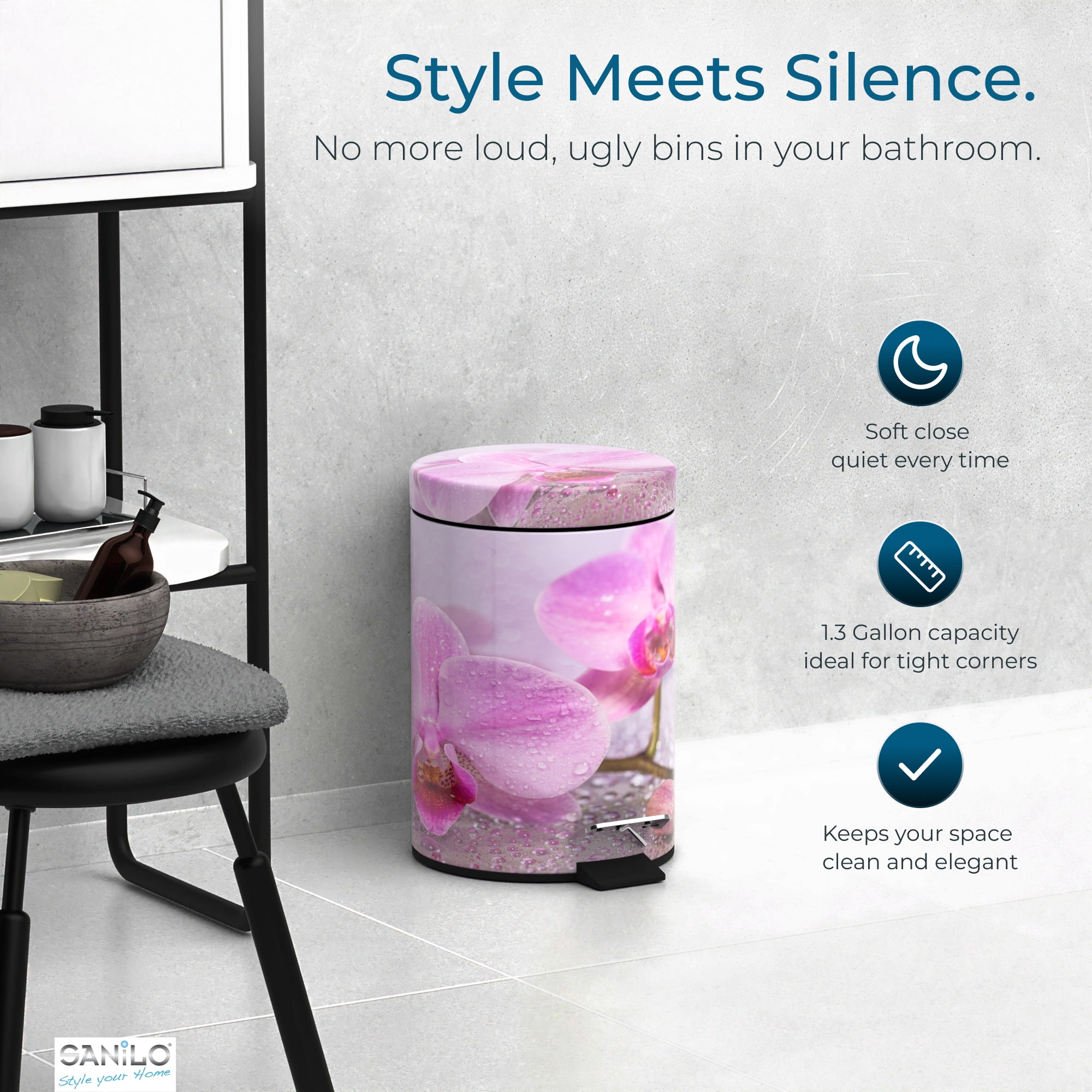 Sanilo Trash Can 1.3 Gallon with Soft Close, Many New Cosmetic and Kitchen Waste Bins Available, Bathroom Bin with Inner Bucket (Blooming)