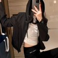 thumbnail image 3 of -Chaqueta corta con capucha para mujer, cortavientos corto con cremallera, ropa de calle coreana, estética Harajuku, color negro, 3 of 5