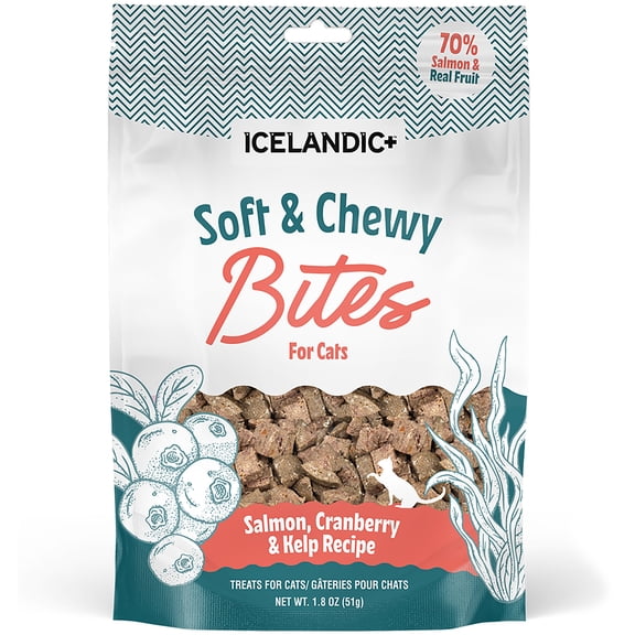 Icelandic+ Soft & Chewy Bites - Salmon, Cranberry & Kelp - 1.8oz Cat Treats, 70% Meat & Fruit, Air-Dried, Limited Ingredients, Pet Snack, Grain Free