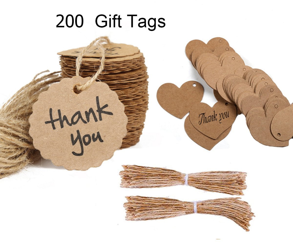 Gift Tags 100 Pcs Hand Made with Love Thank You Tags with 100 Feet Jute Twine Brown