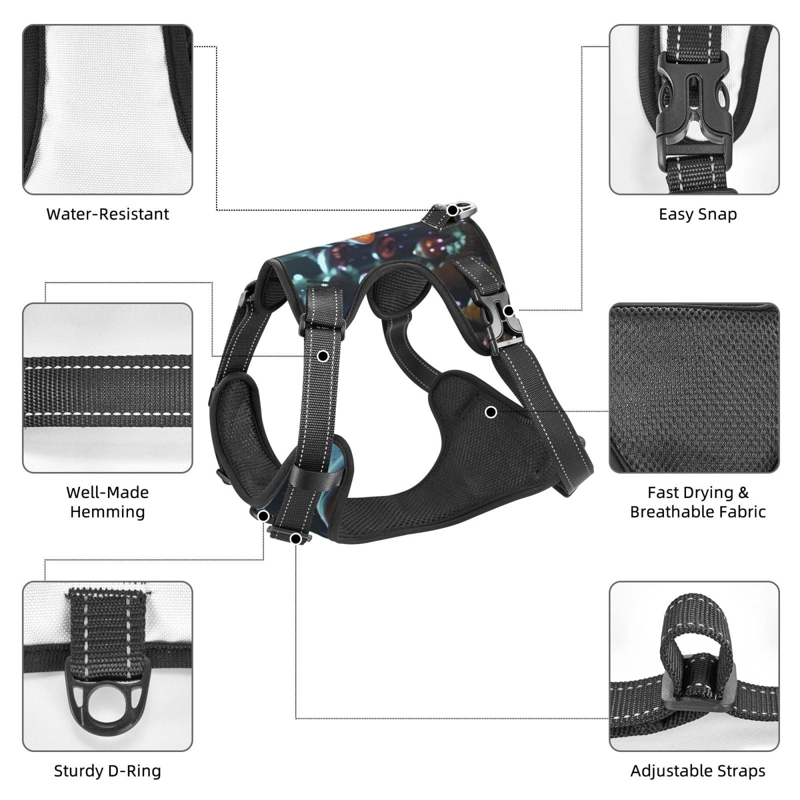 Vsdgher Purple Glowing Mushroom Pattern Dog Harness,No Pull Pet Harness with Soft Padded Handle,Adjustable Reflective Vest with 2 Buckles,4 Slide Buckles,S-XL Large