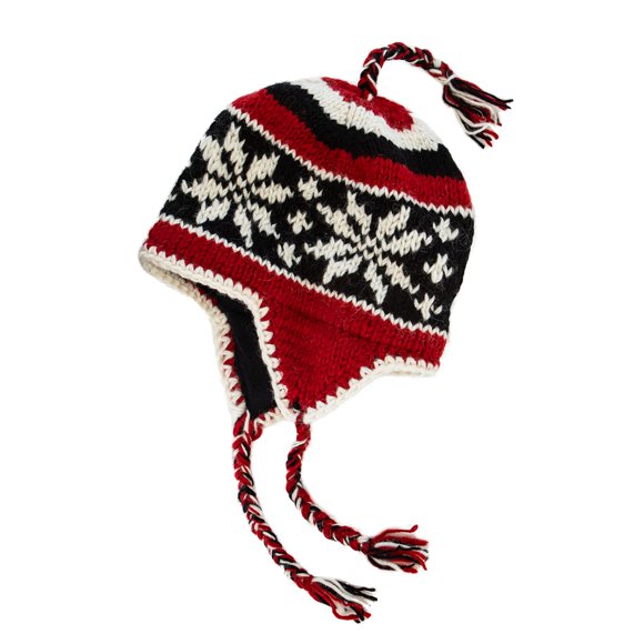 Hand Knit Sherpa Wool Hat with Micro Fleece Lining, Ear Flaps, Toque, Beanie (Red, Black, White)