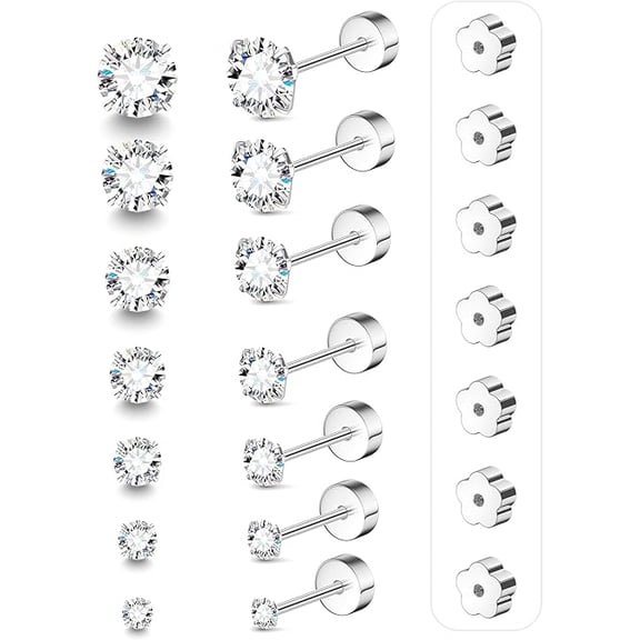 7 Pairs 20G Flat Back Stud Earrings for Women Men Hypoallergenic 14K Gold Plated Surgical Steel Stack Cartilage Earrings for Multiple Piercing Sensitive Ears Bonus Plum Blossom FlatBack Studs CZ