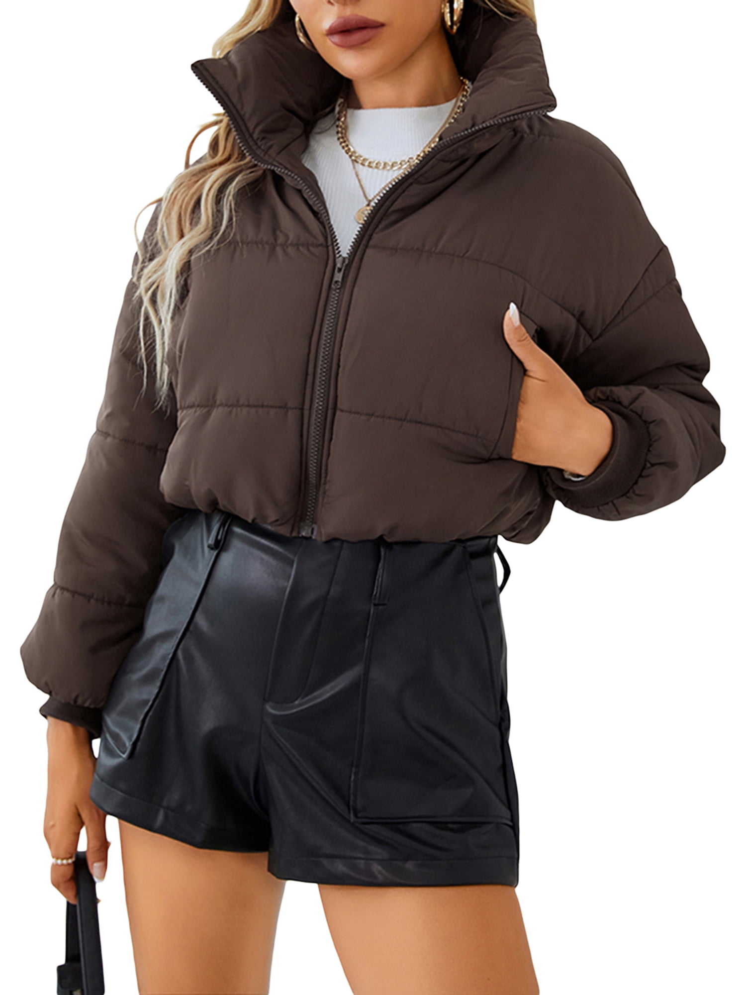 Liacowi Women Juniors Quilted Puffer Coat Winter Lightweight Long Sleeve Warm Outerwear Stand