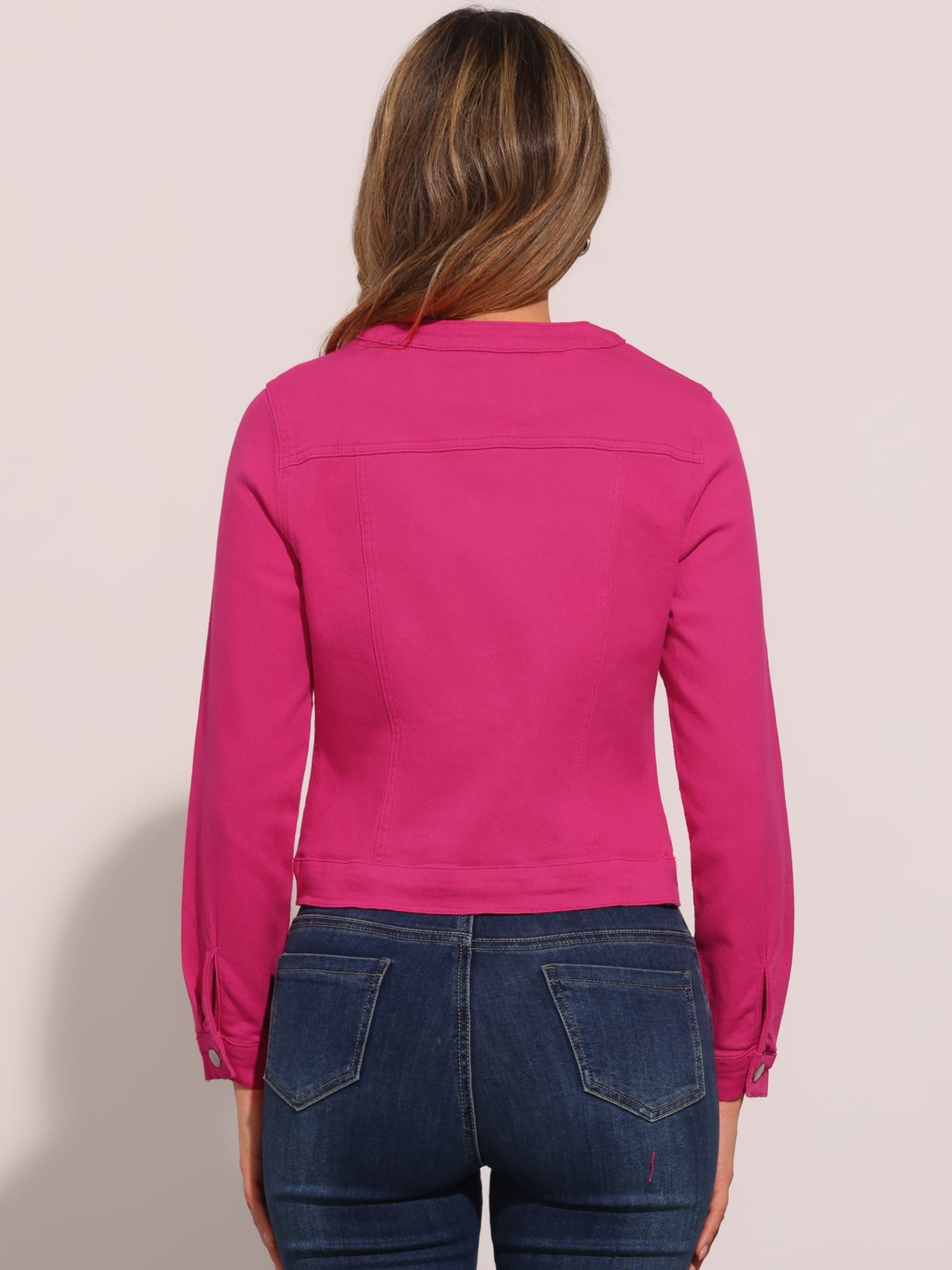 DARING DIVA Women's Button Down Collarless Cropped Denim Jacket L Hot Pink