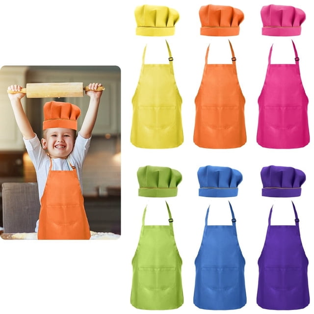 Juego de 6 delantales y gorros de chef para niños, impermeables, ajustables, para dibujar en la cocina, para cosplay de chef para niños y niñas.