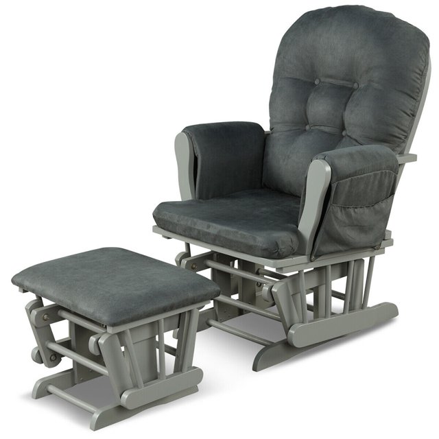 Gymax Glider and Ottoman Cushion Set Wood Baby Nursery Rocking Chair Dark Grey