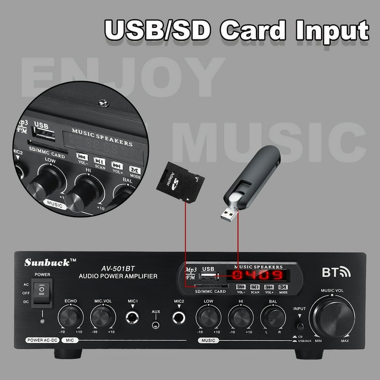 Sunbuck Home Stereo Receiver, 1200 Watts Bluetooth Audio Power Amplifier 110V/220V DC 12V AUX Input USB SD 2* Mic Input - Walmart.com
