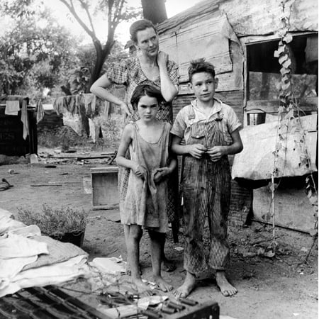 Poverty Family 1936 Nan Impovised Mother With Her Son And Daughter In A Shantytown For Migrant Workers At Elm Grove Oklahoma Photograph By Dorothea Lange August 1936 Poster Print by Granger