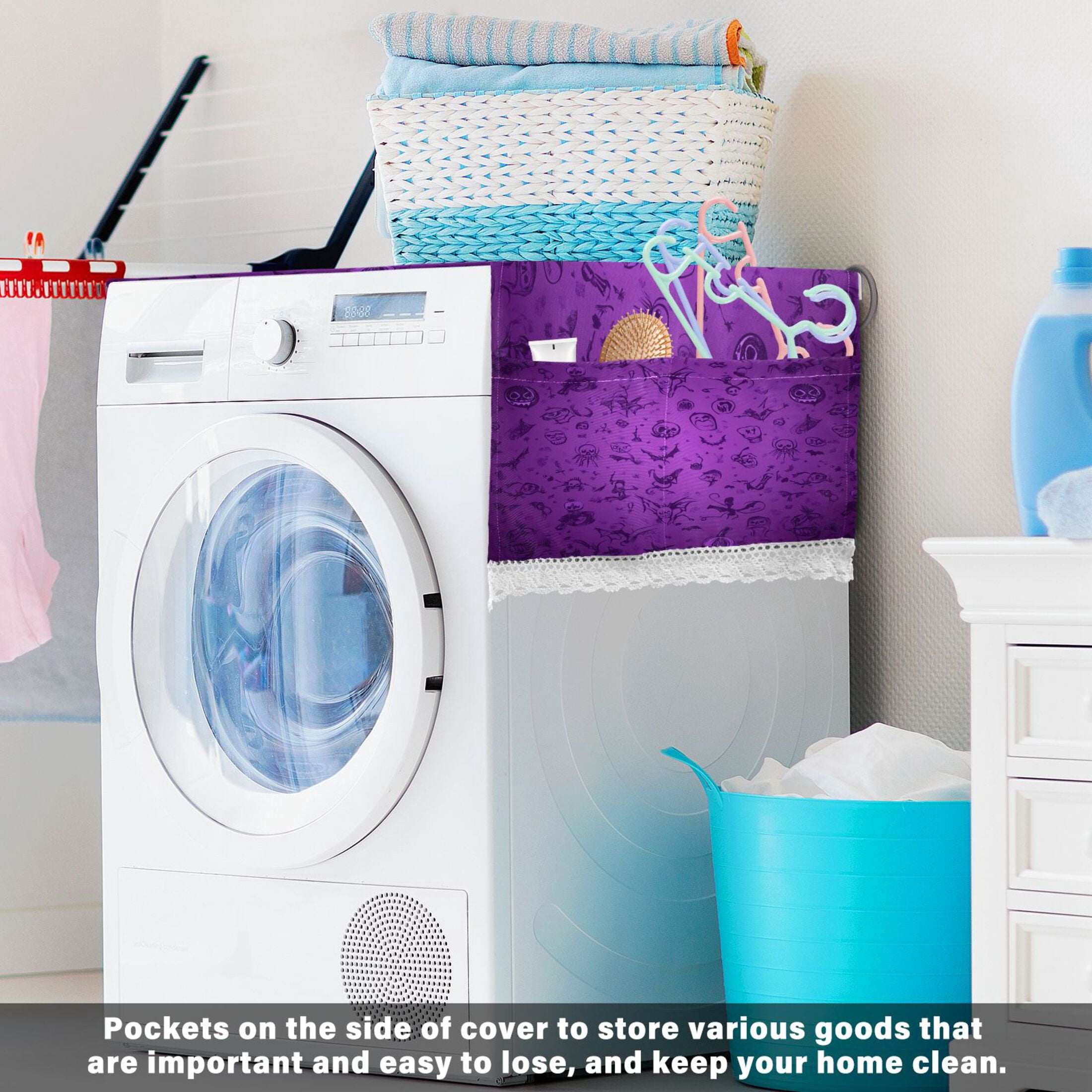 Purple Halloween BackgroundWasher and Dryer Covers Dust-Proof and Oil Resistant Fridge Cover with 4 Storage Pockets Washing Machine Top Cover for Laundry Kitchen Home 51.2 x 22 In