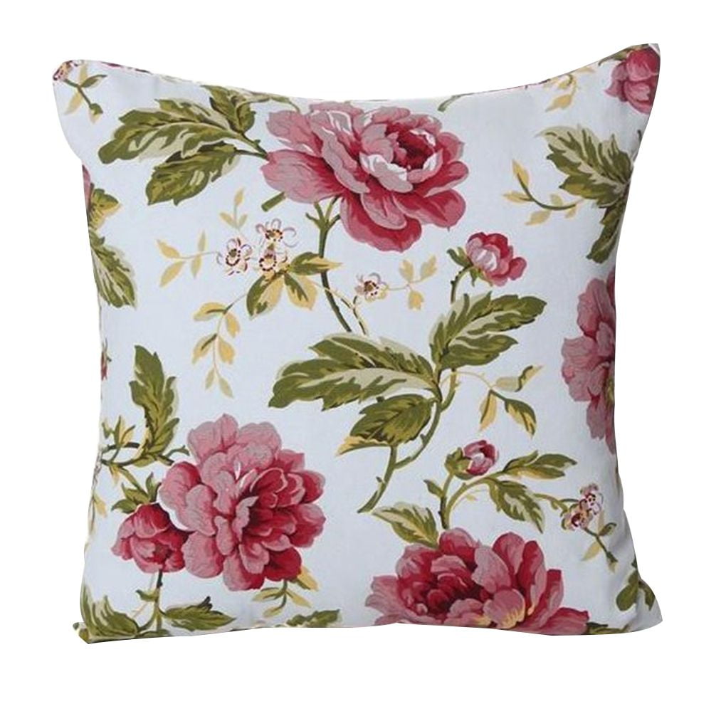 Decor Cushion Linen Cover Sofa Pillow Cotton Rose Case Print Peony 18'' Home