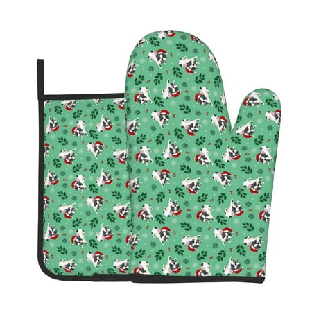 

KLL Christmas French Bulldog Pattern Oven Mitts and Pot Holders 2pcs Sets for Kitchen Oven Mitt Heat Resistant 536°F Oven Gloves for Kitchen Cooking and Baking