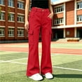 thumbnail image 5 of Girls Flare Cargo Pants Casual Stretch High Waist Pull On Kids Wide Leg Pants Red 12, 5 of 7