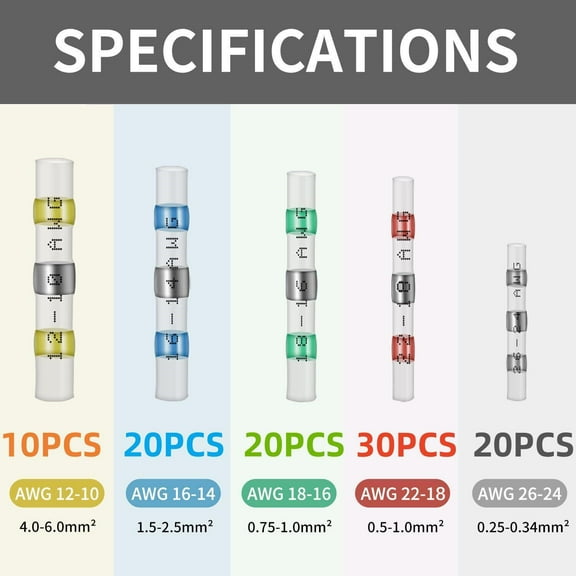 Pack 100PCS Solder Sleeve Seal Heat Shrink Butt Wire Connectors Terminals 5Sizes