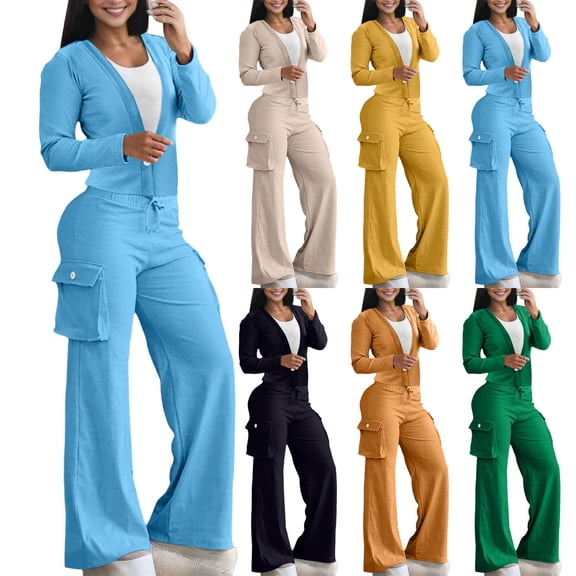 Miluxas Women's Sports Casual 2 Piece Outfit Long Sleeve Button Cardigan Tops Matchig Loose Wide Leg Cargo Pants with Pockets Tracksuit Set Yellow