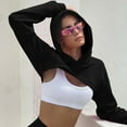 thumbnail image 2 of Crop Hoodie for Women Pullover Casual Sporty Solid Color Long Sleeve Autumn Fall Clothes Tops Hooded Sweatshirts Black S, 2 of 8